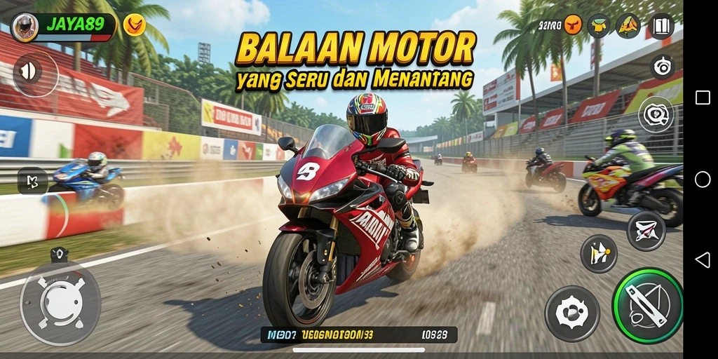 Screenshot menampilkan aksi balapan motor yang mendebarkan dalam JAYA89.