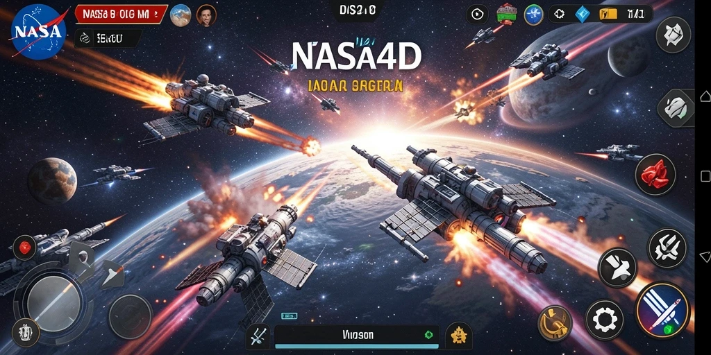 Tampilan gameplay NASA4D dengan pesawat tempur yang beraksi di luar angkasa.