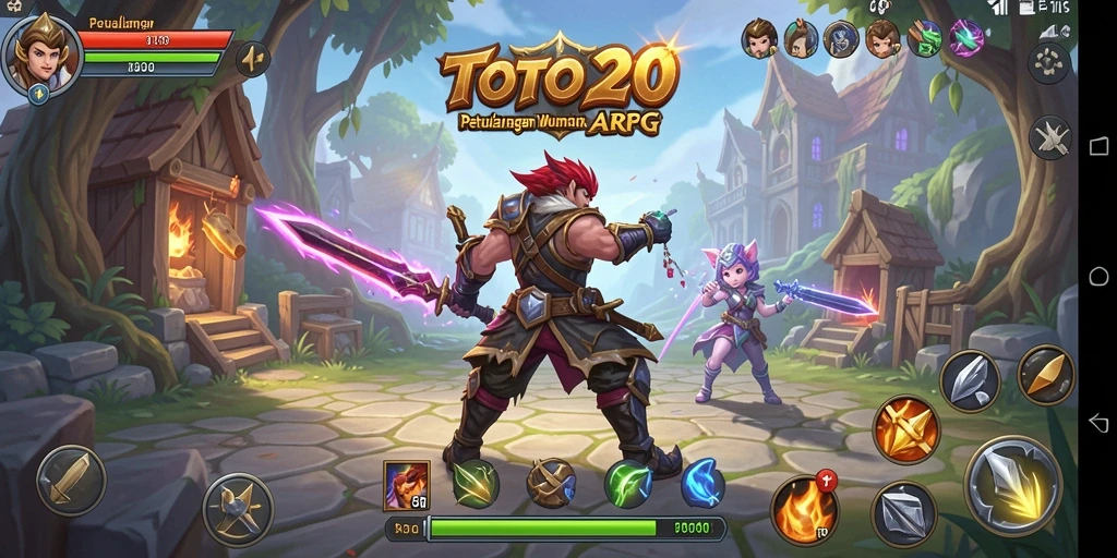 Screenshot utama TOTO20 menampilkan aksi pertempuran seru dalam arena bergaya ARPG.
